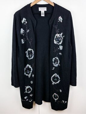 Victor Costa Silk Angora Floral Sequin Beaded Embroidered Long Cardigan Sweater